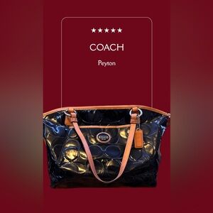 Coach Peyton Embossed Signature C Tote bag in black patent l brown trim. 16x11